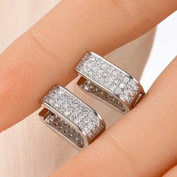 Rectangular Zircon Hoops Gold Tone with Lots of Bling #1418 - Picture 6 of 13